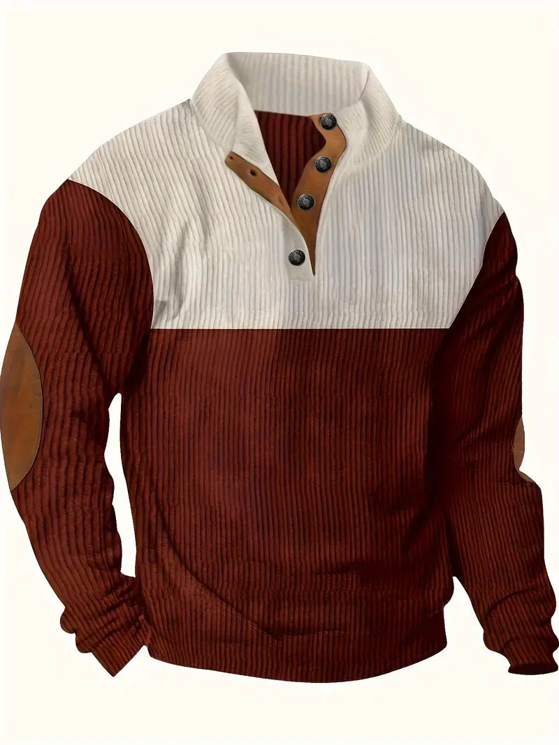 Herrenpullover mit kontrastierendem Kragen und Knöpfen – Lässiger Pullover mit Ellbogenpatches, warmer Strickpullover für Herbst und Winter
