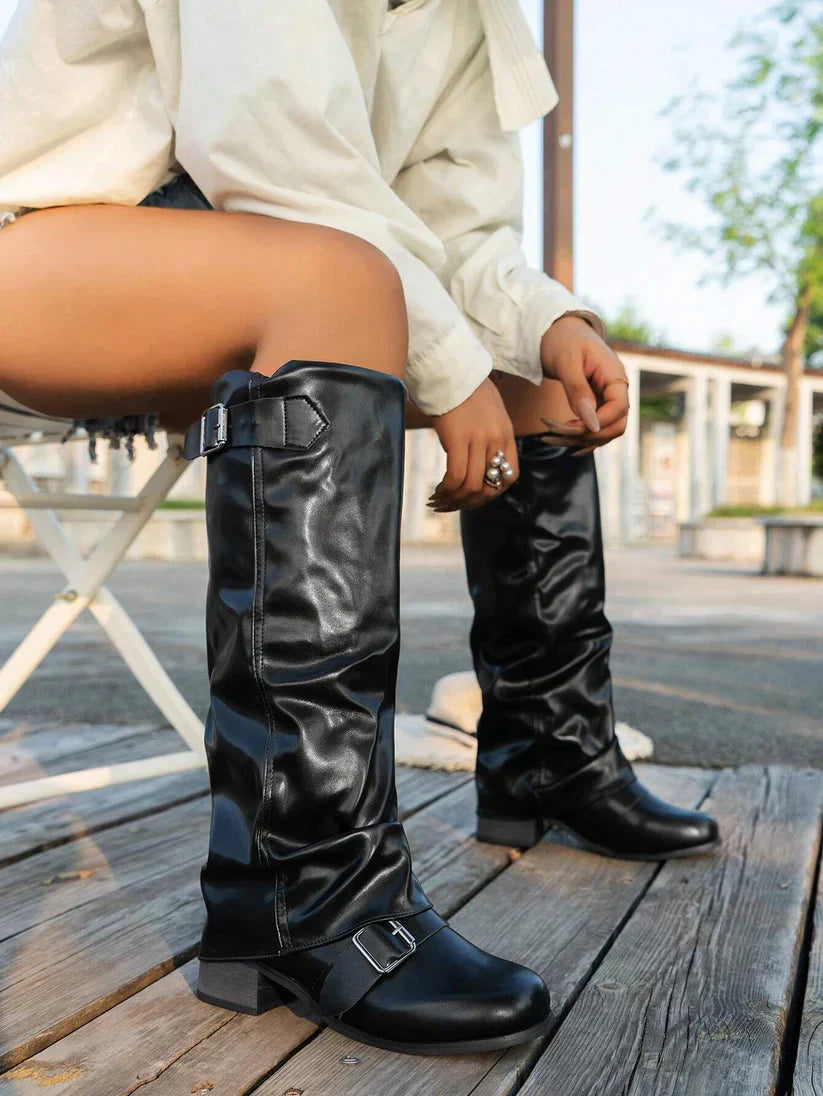 Veyla | High Boots with Buckle Detail – Vegan Leather