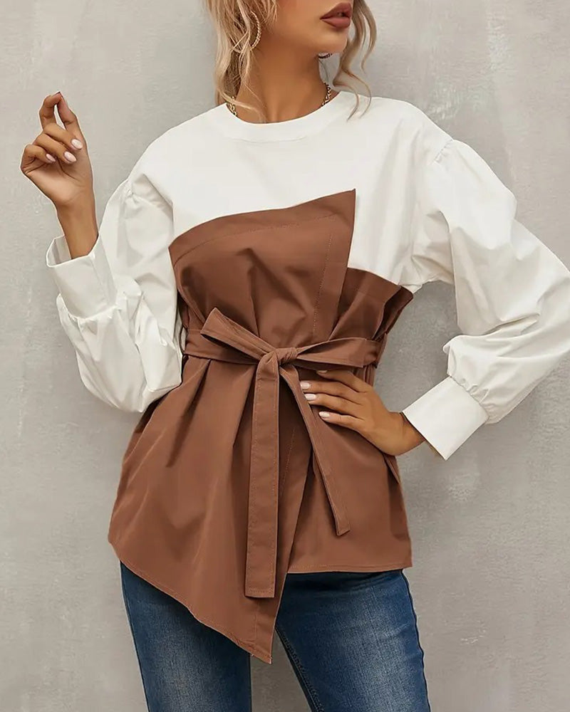 Chique Blouse | Damesblouse met Lantaarnmouwen en Ronde Hals