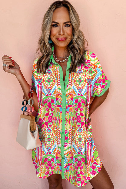 Gena - Contrasting geometric print shirt dress with short sleeves