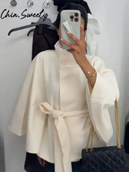 Cape-Mantel für Damen – Wollmischung – Locker sitzendes Modell – Hoher Kragen – Gürtel in der Taille