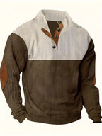 Herrenpullover mit kontrastierendem Kragen und Knöpfen – Lässiger Pullover mit Ellbogenpatches, warmer Strickpullover für Herbst und Winter