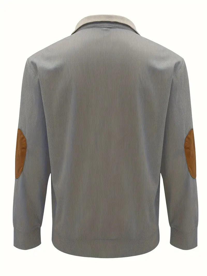 Men's Sweater with Contrasting Collar and Buttons - Casual Pullover with Elbow Patches, Warm Knitted Sweater for Fall and Winter
