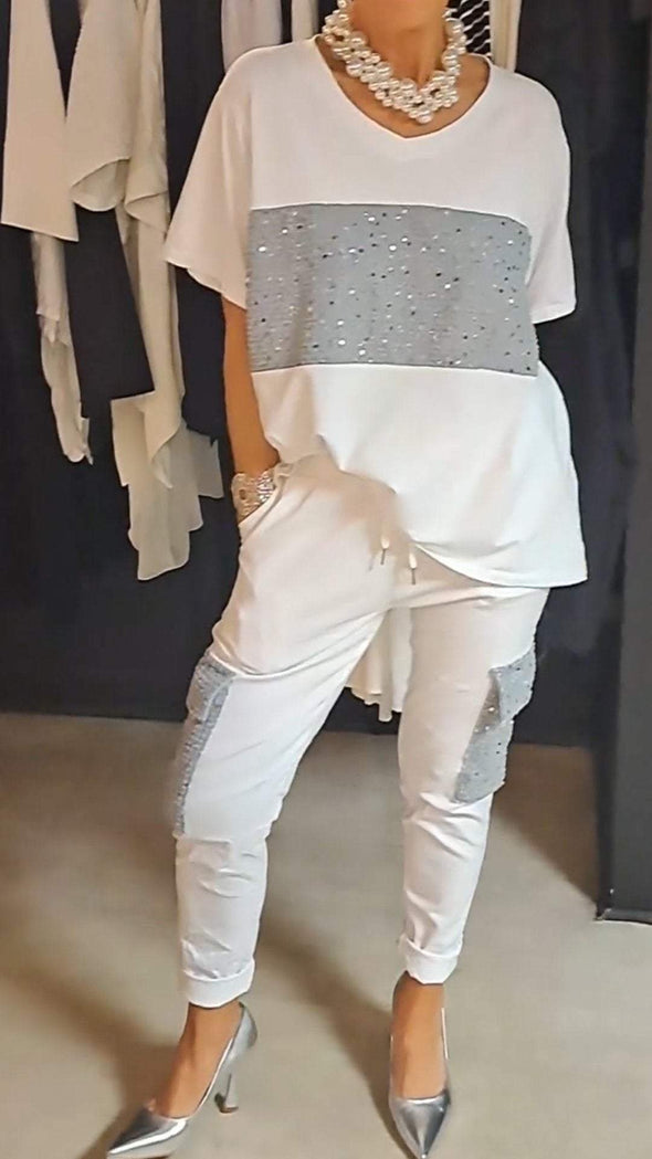Round neck top and two-piece set with casual sequin pants