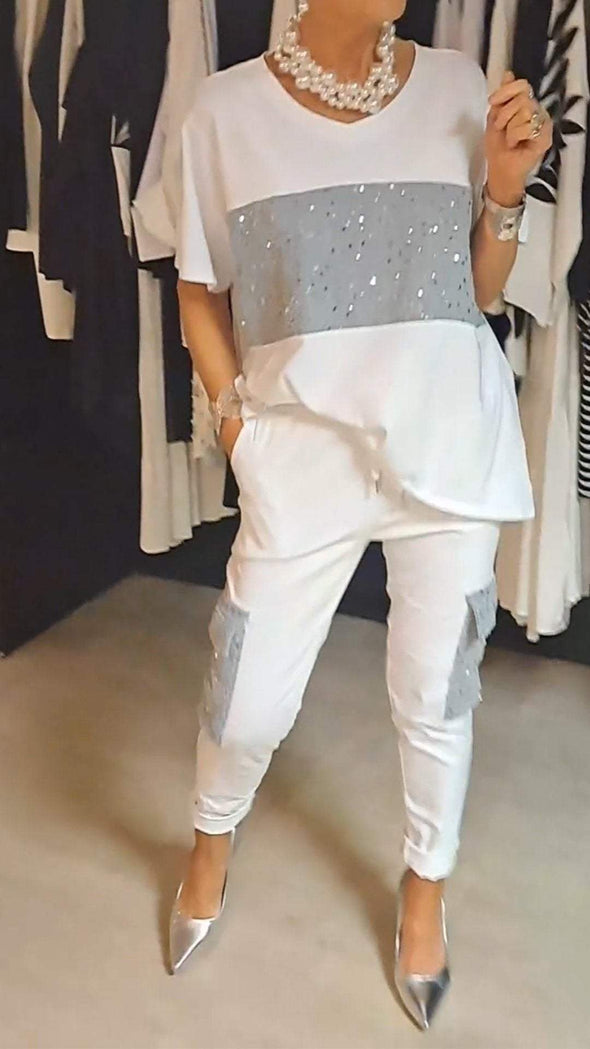 Round neck top and two-piece set with casual sequin pants