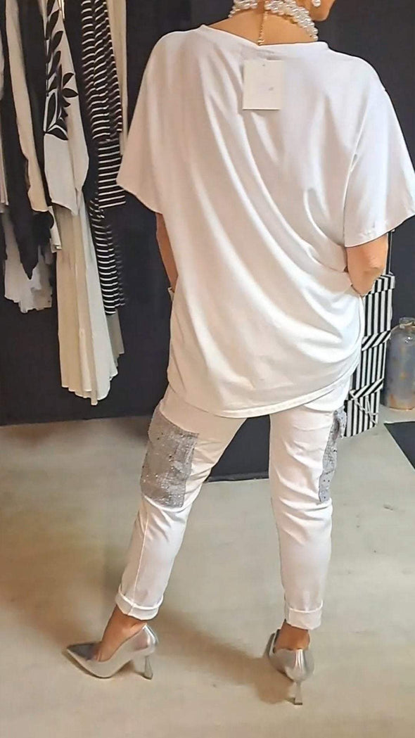 Round neck top and two-piece set with casual sequin pants