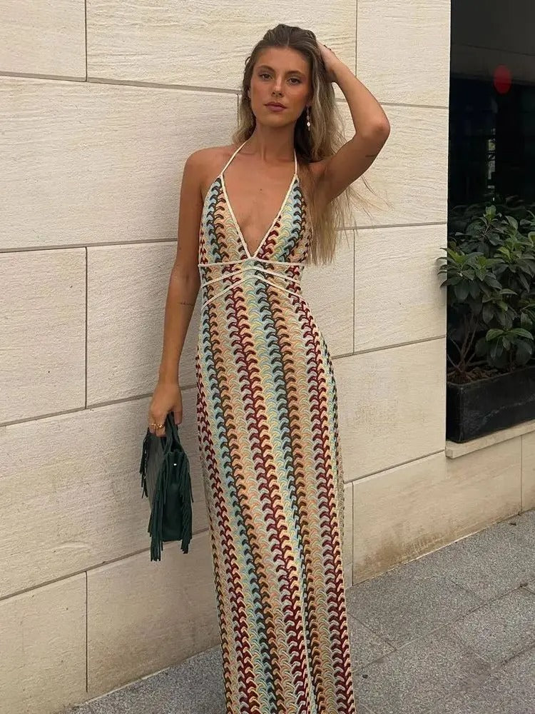 Ginevra – Gehäkeltes Damen-Maxikleid mit Neckholder und grafischem Muster 