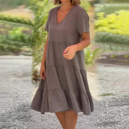 Romy™ | Plain cotton linen dress with V-neck