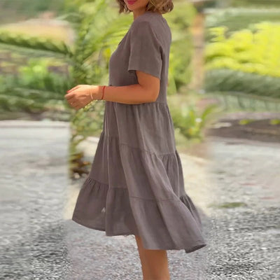 Oaria™ | Plain cotton linen dress with V-neck