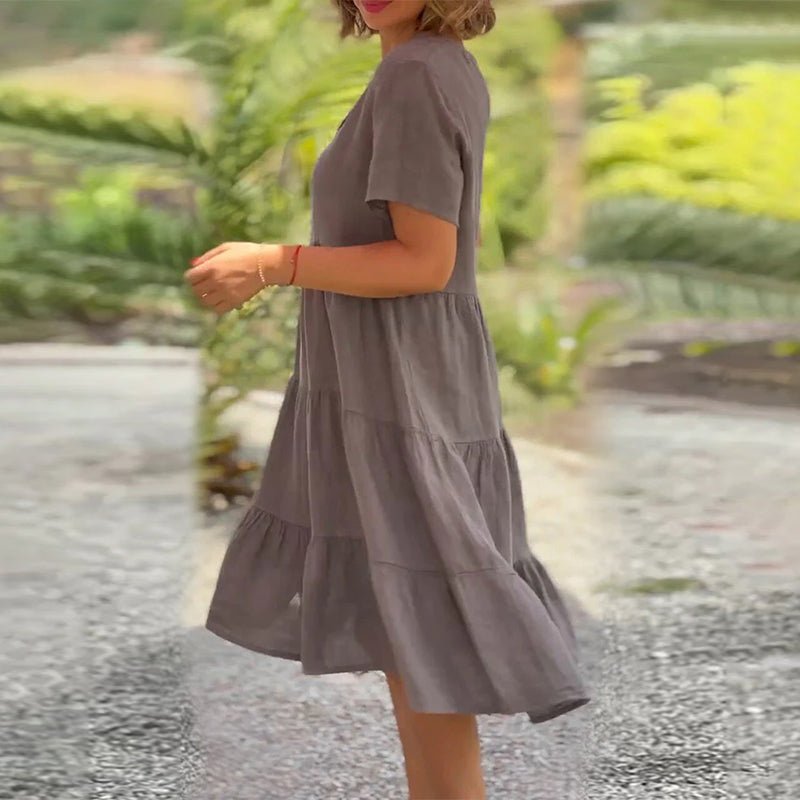 Romy™ | Plain cotton linen dress with V-neck