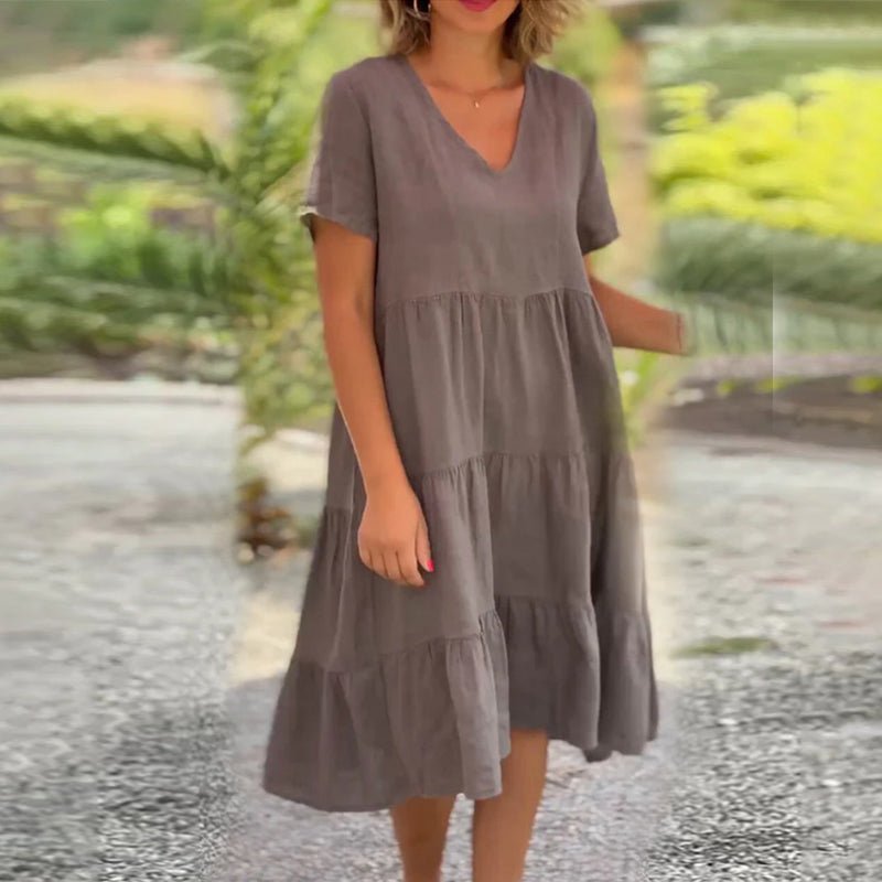 Oaria™ | Plain cotton linen dress with V-neck