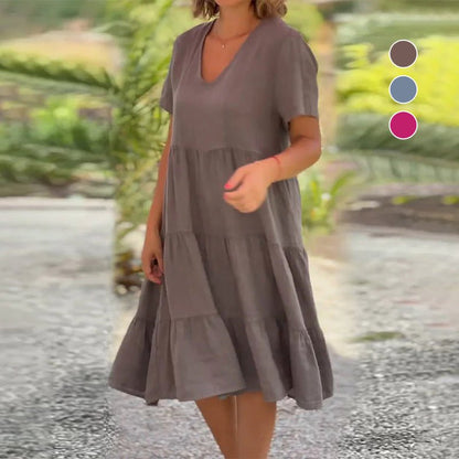 Romy™ | Plain cotton linen dress with V-neck