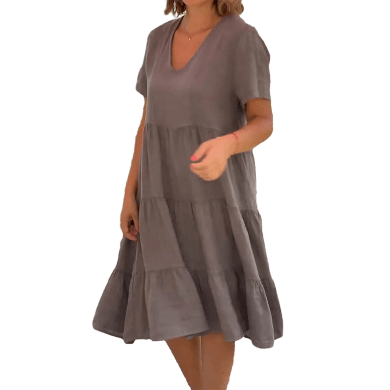 Oaria™ | Plain cotton linen dress with V-neck