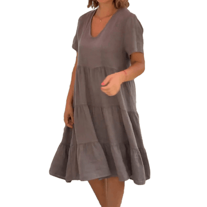 Romy™ | Plain cotton linen dress with V-neck