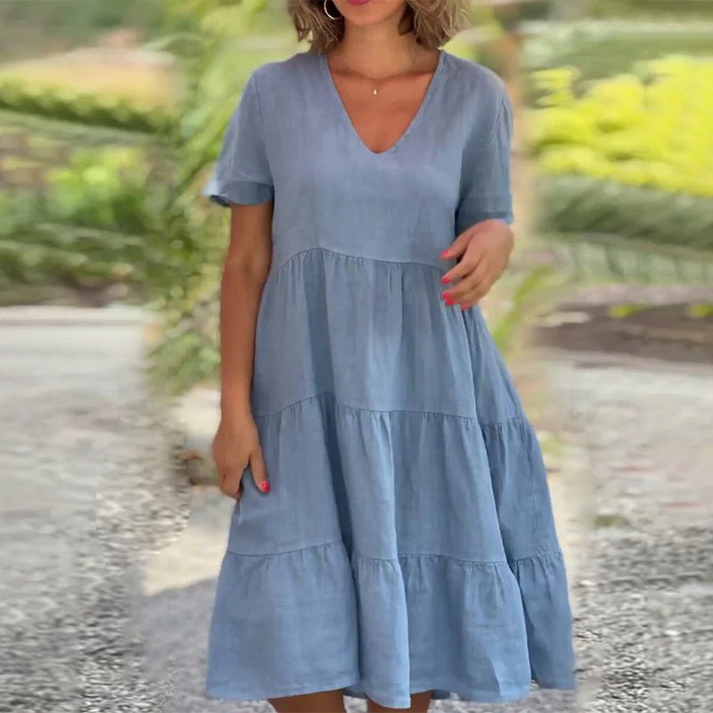 Oaria™ | Plain cotton linen dress with V-neck