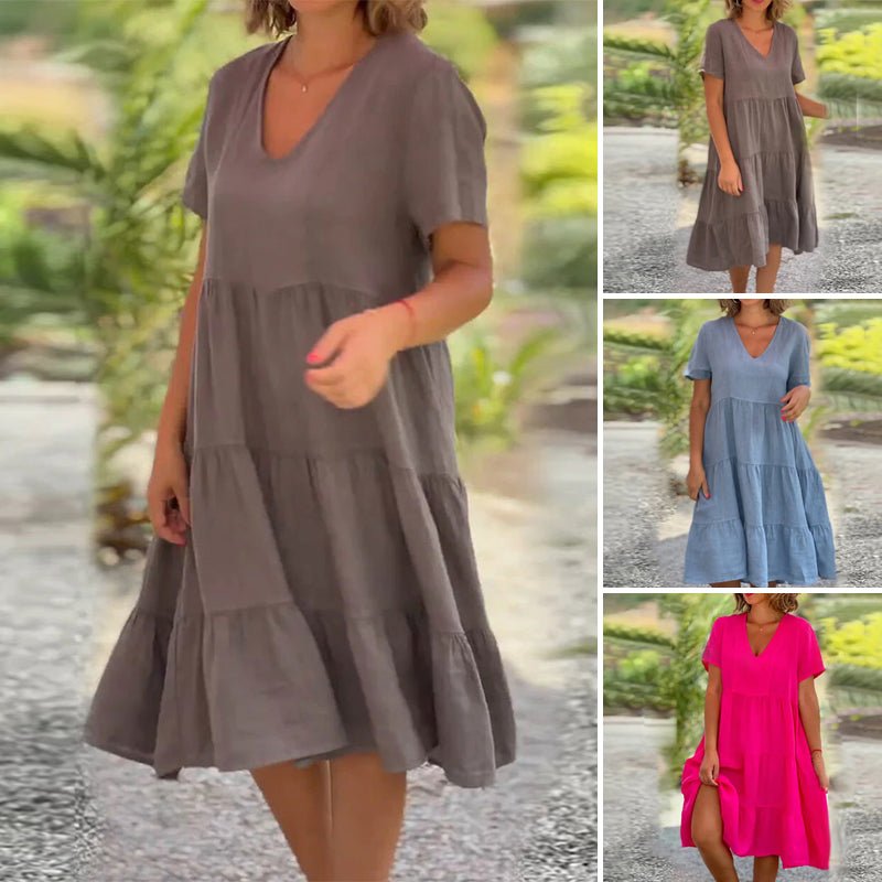 Romy™ | Plain cotton linen dress with V-neck