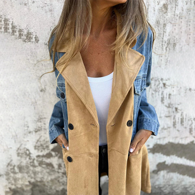 Abigail – Midilengte Dames Trenchcoat met Denim Stiksels