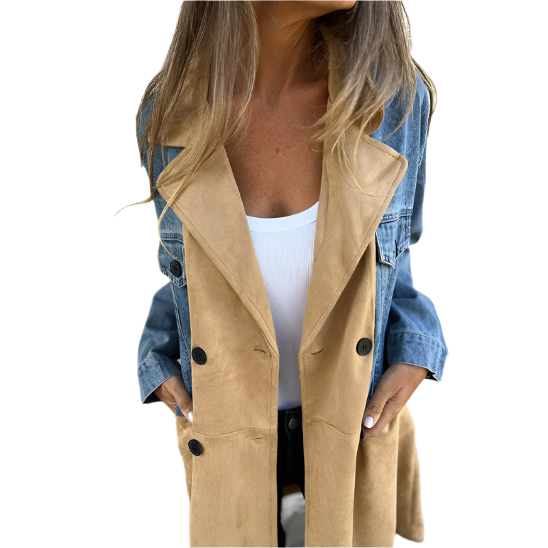 Abigail – Midilengte Dames Trenchcoat met Denim Stiksels