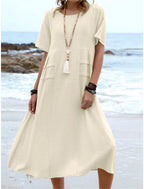 Oriana™ - Midikleid aus Baumwolle und Leinen mit Rundhalsausschnitt 