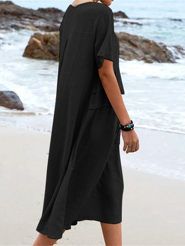 Oriana™ - Midikleid aus Baumwolle und Leinen mit Rundhalsausschnitt 