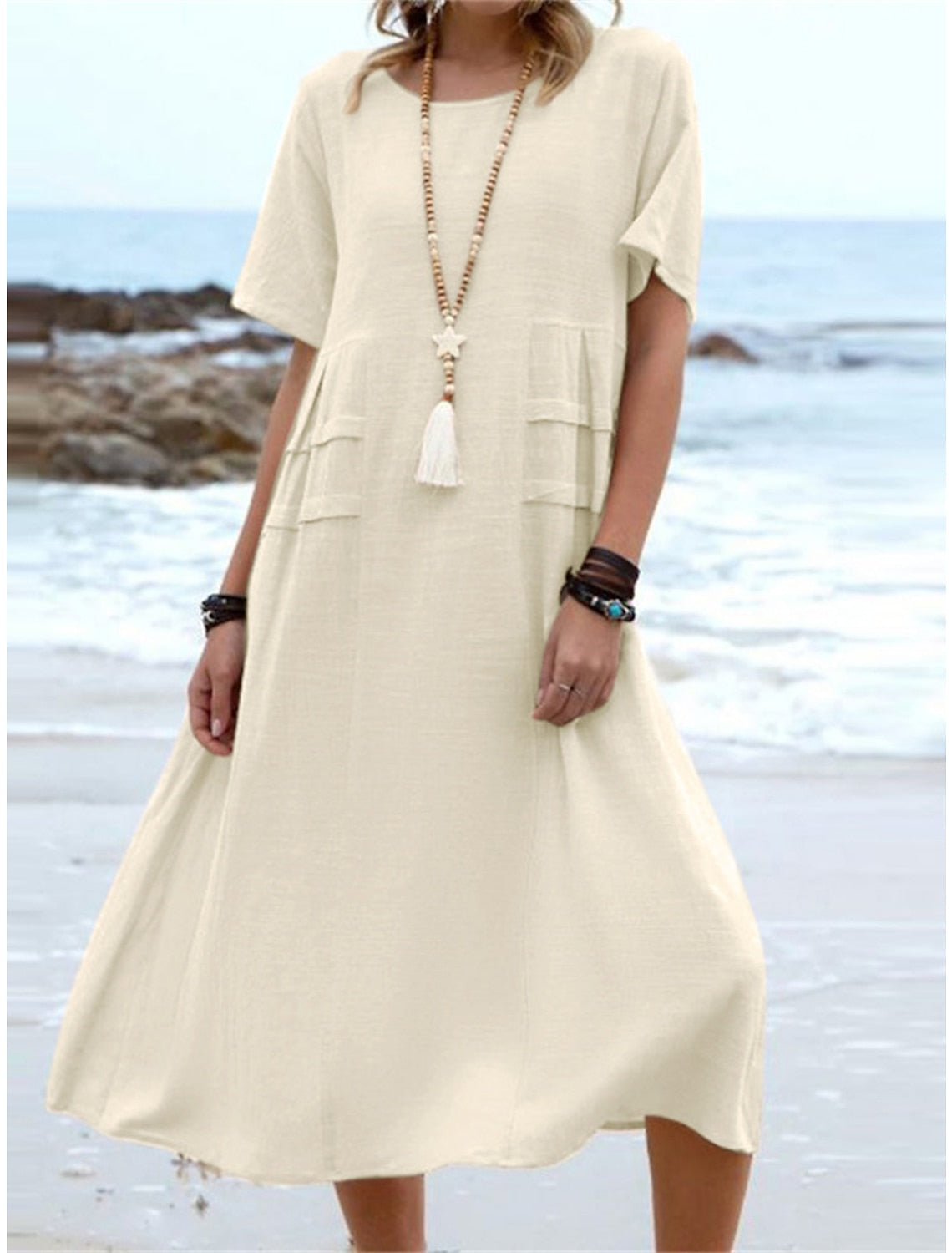 Oriana™ - Katoen en linnen Midi Dress met ronde hals