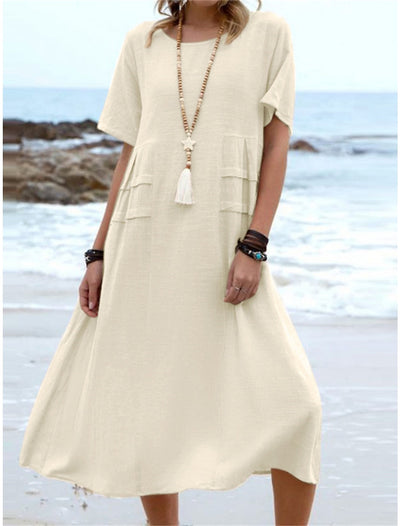 Oriana™ - Katoen en linnen Midi Dress met ronde hals