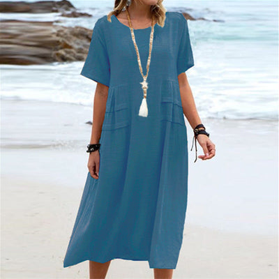Oriana™ - Katoen en linnen Midi Dress met ronde hals