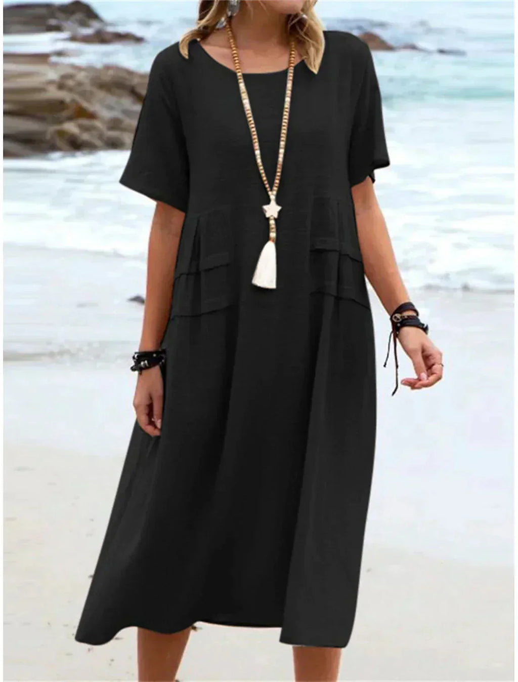 Oriana™ - Midikleid aus Baumwolle und Leinen mit Rundhalsausschnitt 