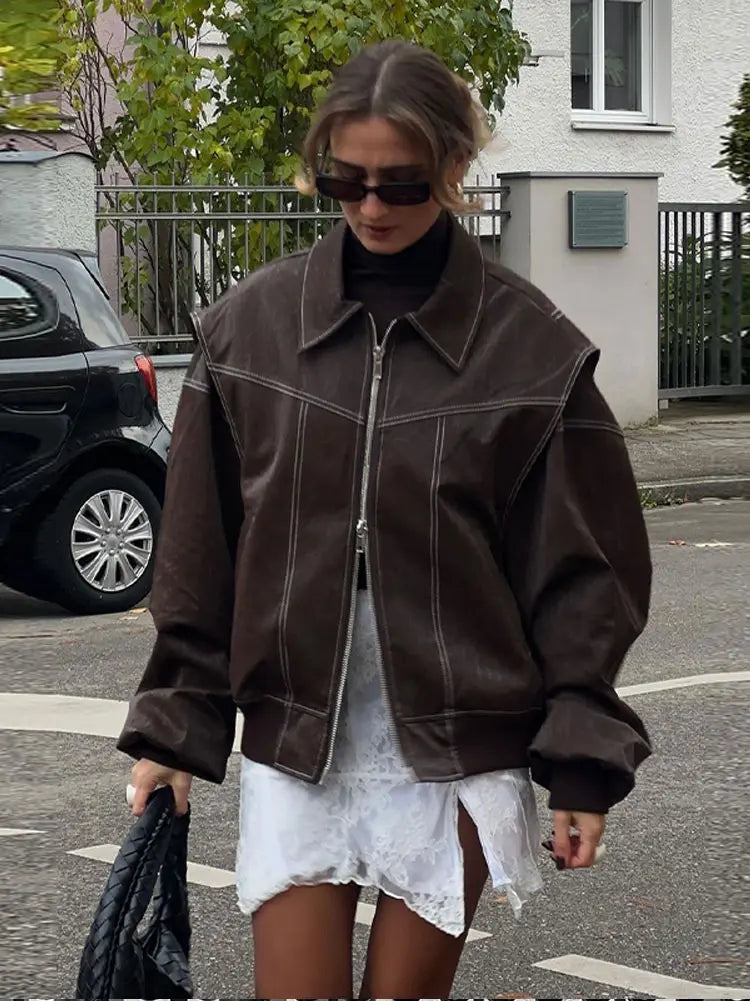 Trendy Brown Bomber Jacket | Women's oversized faux leather jacket with vintage details