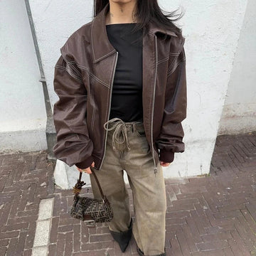Trendy Brown Bomber Jacket | Women's oversized faux leather jacket with vintage details