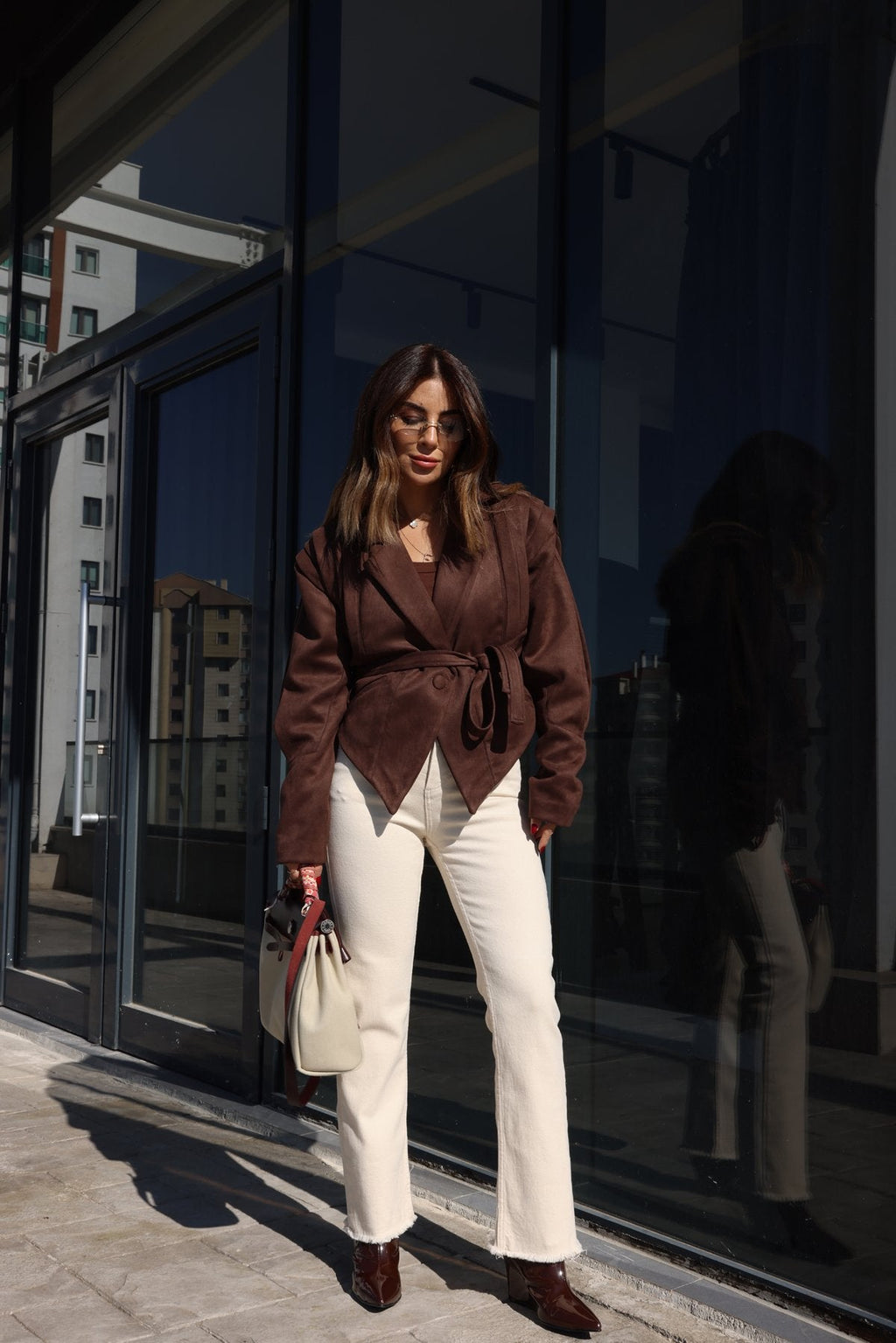 Veloria Vegan Suede Jacket | Women's autumn jacket with shoulder details and belt