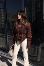 Veloria Vegan Suede Jacket | Women's autumn jacket with shoulder details and belt