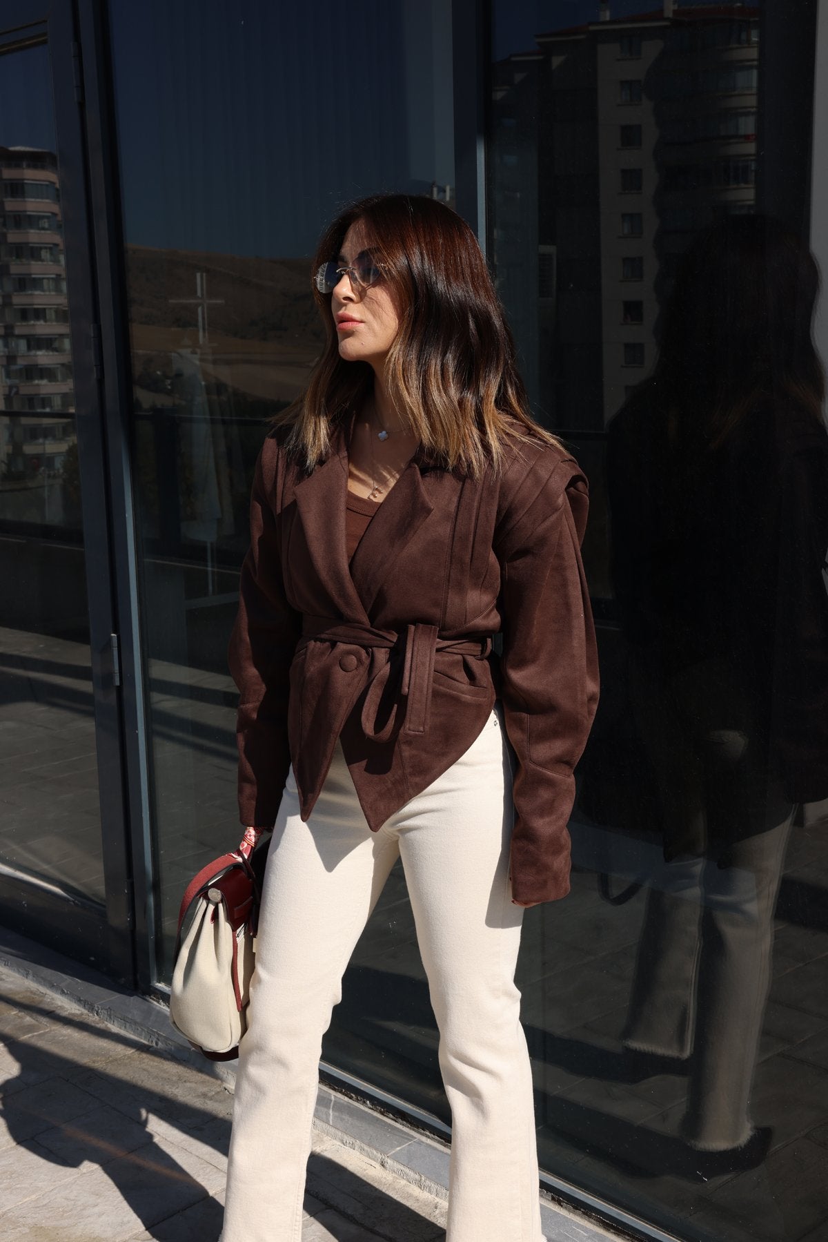 Veloria Vegan Suede Jacket | Women's autumn jacket with shoulder details and belt