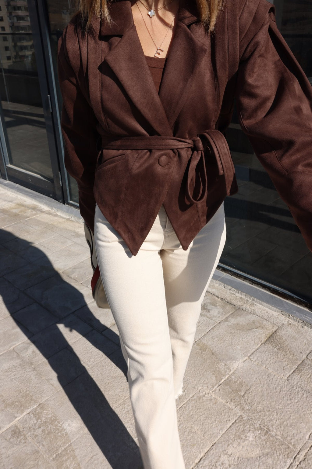 Veloria Vegan Suede Jacket | Women's autumn jacket with shoulder details and belt